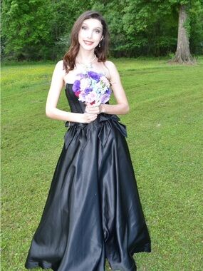 Macy's Black Satin Strapless Ball Gown with Bow Accents